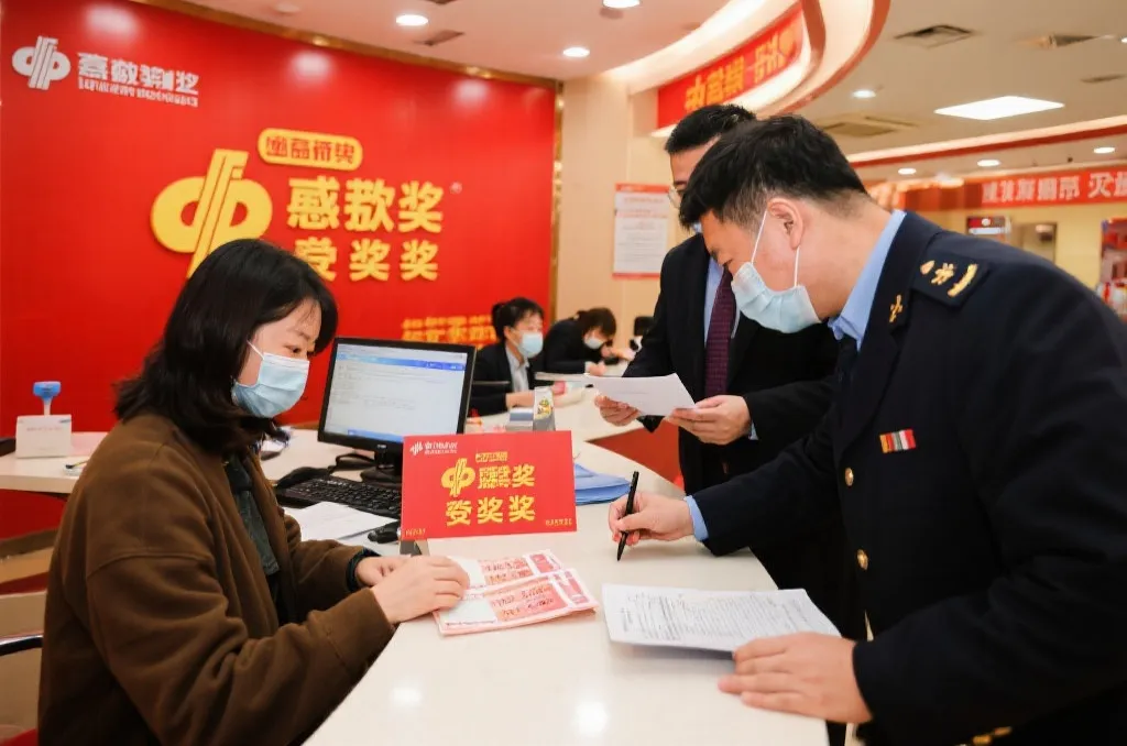 中奖者在兑奖大厅办理兑奖手续，氛围严谨